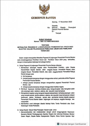 Ini Surat Edaran Pj Gubernur Al Muktabar Untuk Netralitas Pegawai Pemprov Banten Pada Pemilu dan Pemilihan 2024.